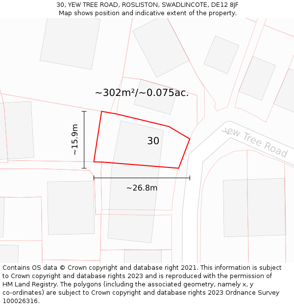 30, YEW TREE ROAD, ROSLISTON, SWADLINCOTE, DE12 8JF: Plot and title map