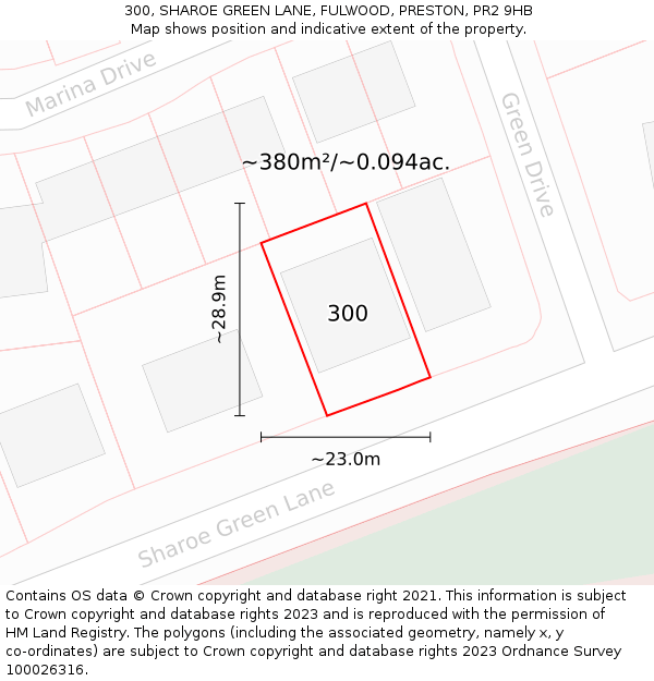 300, SHAROE GREEN LANE, FULWOOD, PRESTON, PR2 9HB: Plot and title map