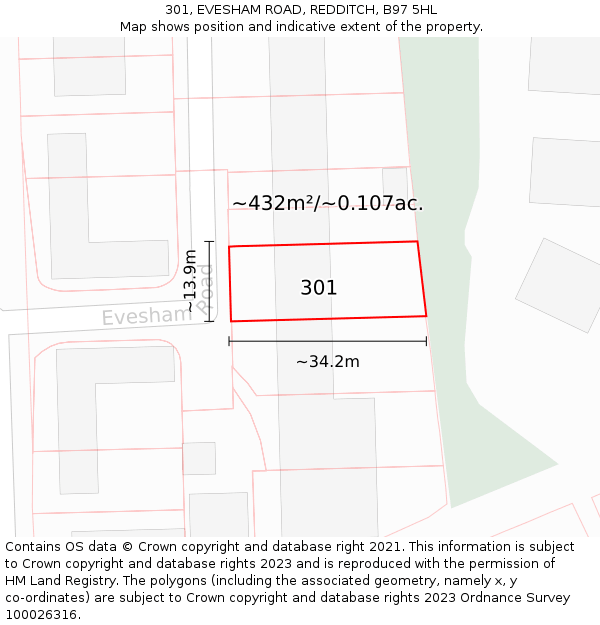 301, EVESHAM ROAD, REDDITCH, B97 5HL: Plot and title map