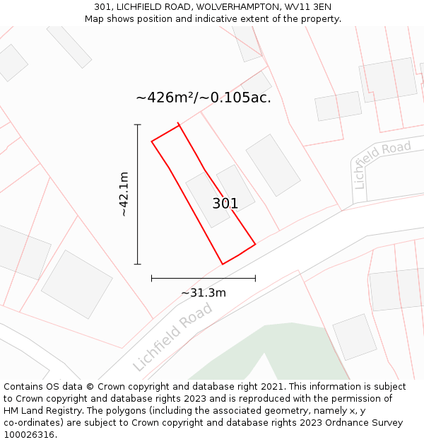 301, LICHFIELD ROAD, WOLVERHAMPTON, WV11 3EN: Plot and title map