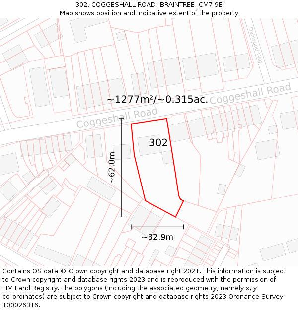 302, COGGESHALL ROAD, BRAINTREE, CM7 9EJ: Plot and title map