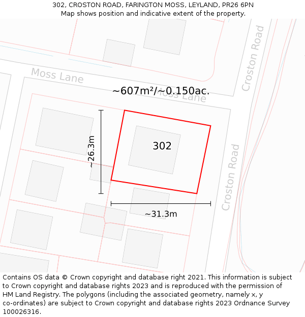 302, CROSTON ROAD, FARINGTON MOSS, LEYLAND, PR26 6PN: Plot and title map