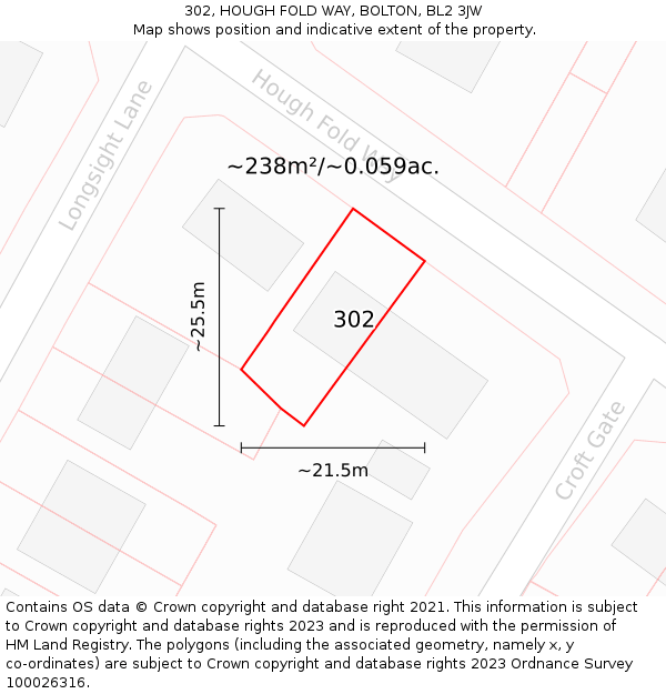 302, HOUGH FOLD WAY, BOLTON, BL2 3JW: Plot and title map