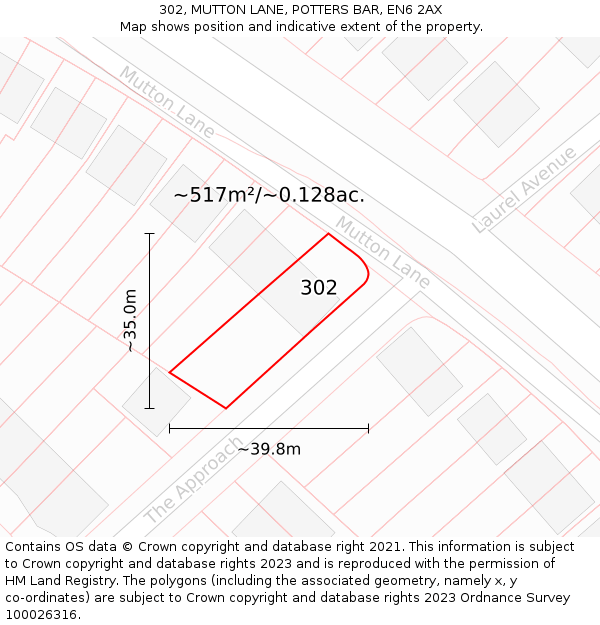 302, MUTTON LANE, POTTERS BAR, EN6 2AX: Plot and title map