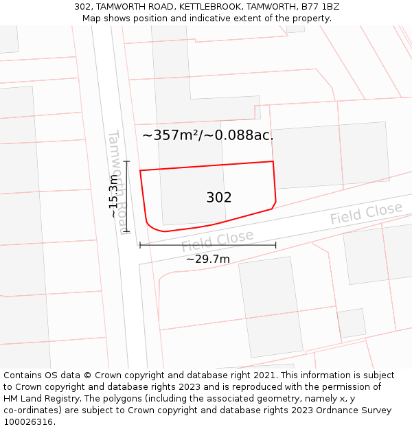 302, TAMWORTH ROAD, KETTLEBROOK, TAMWORTH, B77 1BZ: Plot and title map