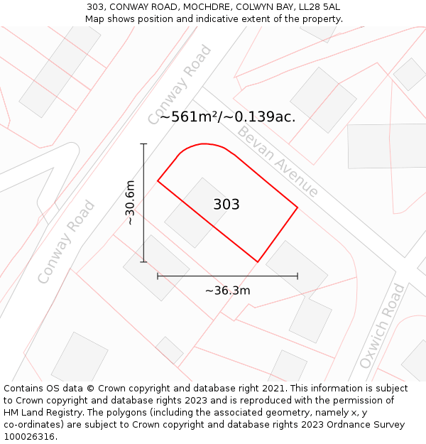 303, CONWAY ROAD, MOCHDRE, COLWYN BAY, LL28 5AL: Plot and title map