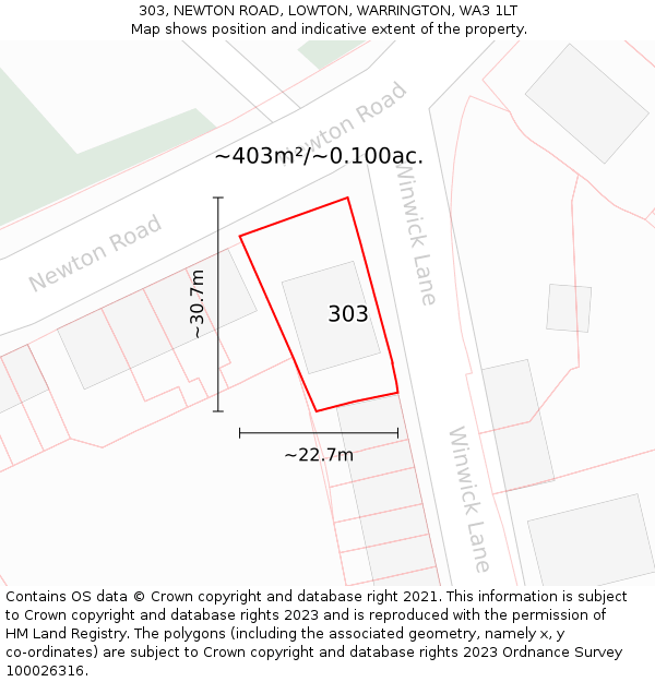 303, NEWTON ROAD, LOWTON, WARRINGTON, WA3 1LT: Plot and title map