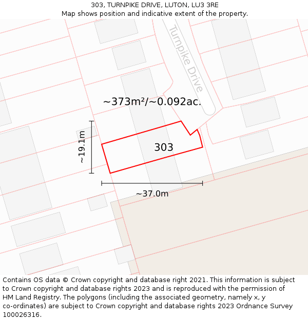 303, TURNPIKE DRIVE, LUTON, LU3 3RE: Plot and title map