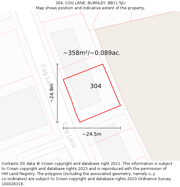 304, COG LANE, BURNLEY, BB11 5JU: Plot and title map