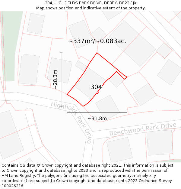 304, HIGHFIELDS PARK DRIVE, DERBY, DE22 1JX: Plot and title map
