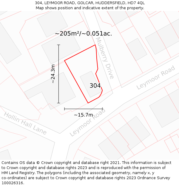 304, LEYMOOR ROAD, GOLCAR, HUDDERSFIELD, HD7 4QL: Plot and title map