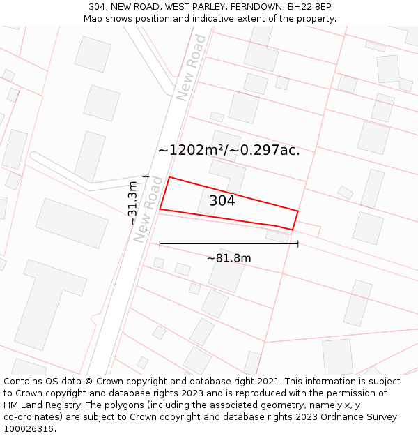 304, NEW ROAD, WEST PARLEY, FERNDOWN, BH22 8EP: Plot and title map