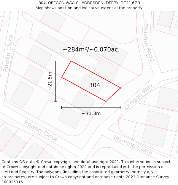 304, OREGON WAY, CHADDESDEN, DERBY, DE21 6ZB: Plot and title map