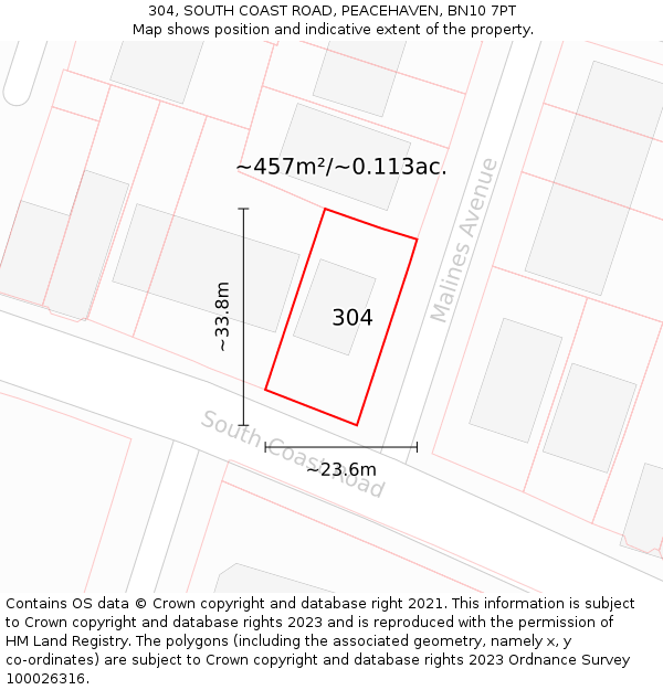 304, SOUTH COAST ROAD, PEACEHAVEN, BN10 7PT: Plot and title map