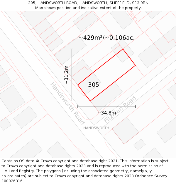 305, HANDSWORTH ROAD, HANDSWORTH, SHEFFIELD, S13 9BN: Plot and title map