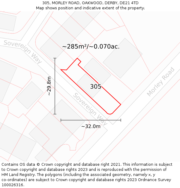 305, MORLEY ROAD, OAKWOOD, DERBY, DE21 4TD: Plot and title map