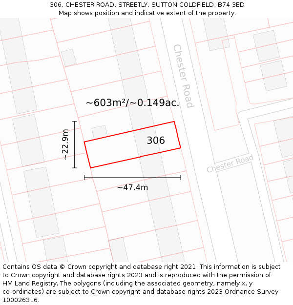 306, CHESTER ROAD, STREETLY, SUTTON COLDFIELD, B74 3ED: Plot and title map