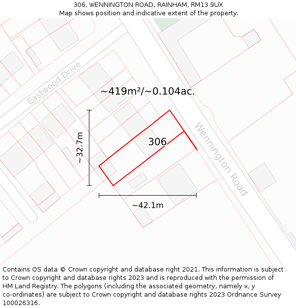 306, WENNINGTON ROAD, RAINHAM, RM13 9UX: Plot and title map