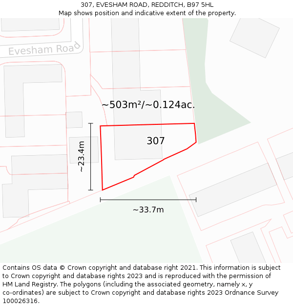 307, EVESHAM ROAD, REDDITCH, B97 5HL: Plot and title map