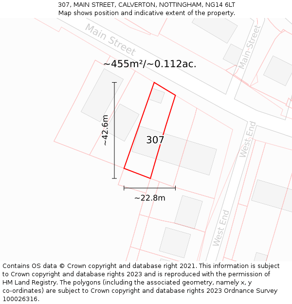 307, MAIN STREET, CALVERTON, NOTTINGHAM, NG14 6LT: Plot and title map