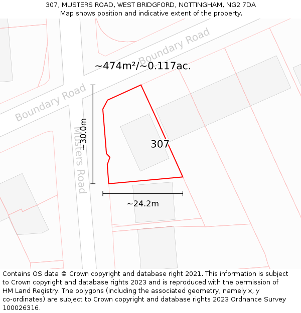 307, MUSTERS ROAD, WEST BRIDGFORD, NOTTINGHAM, NG2 7DA: Plot and title map