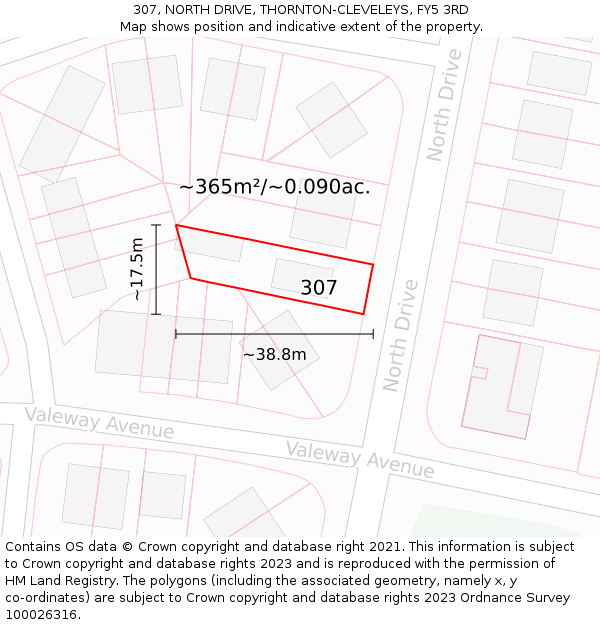 307, NORTH DRIVE, THORNTON-CLEVELEYS, FY5 3RD: Plot and title map