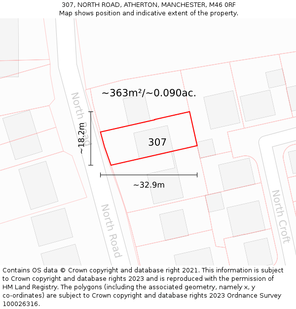 307, NORTH ROAD, ATHERTON, MANCHESTER, M46 0RF: Plot and title map