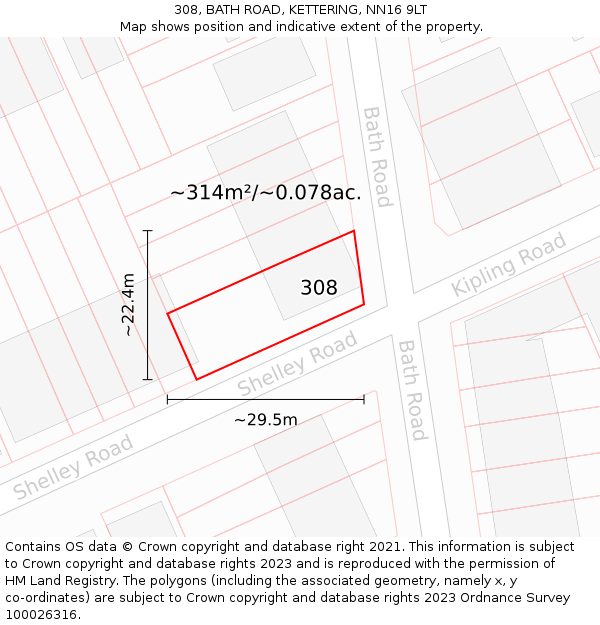 308, BATH ROAD, KETTERING, NN16 9LT: Plot and title map