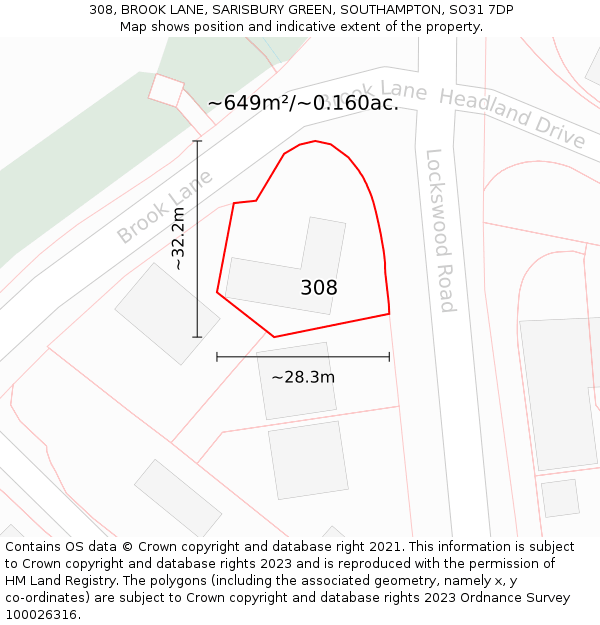 308, BROOK LANE, SARISBURY GREEN, SOUTHAMPTON, SO31 7DP: Plot and title map