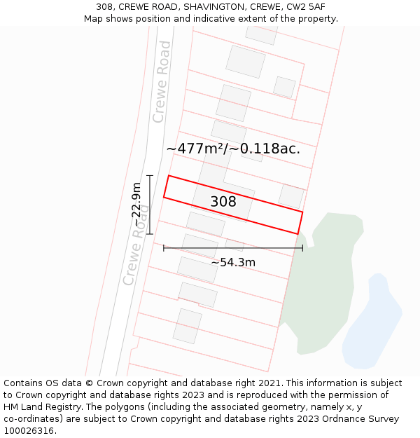 308, CREWE ROAD, SHAVINGTON, CREWE, CW2 5AF: Plot and title map