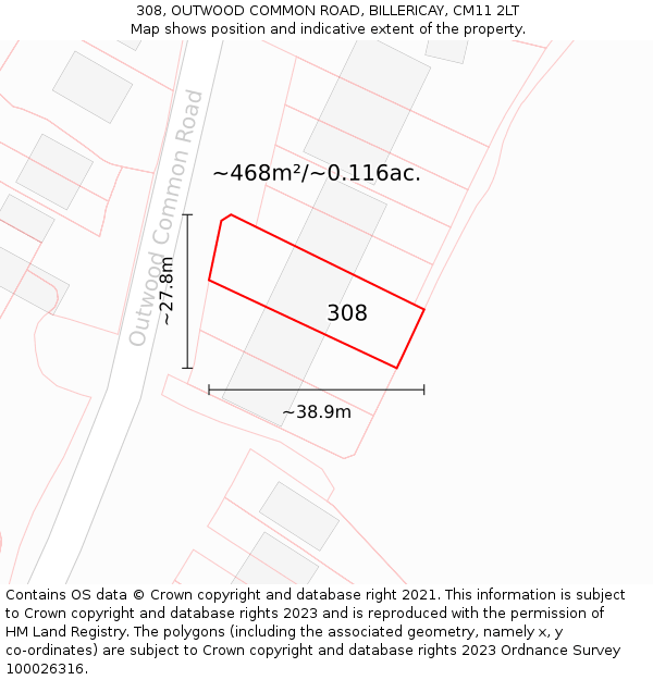 308, OUTWOOD COMMON ROAD, BILLERICAY, CM11 2LT: Plot and title map