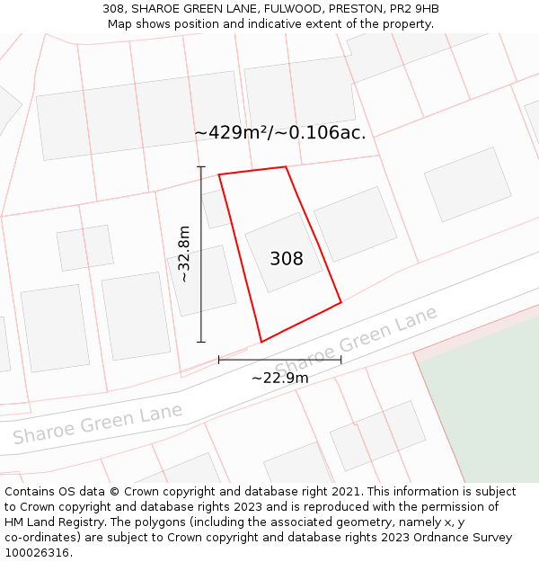 308, SHAROE GREEN LANE, FULWOOD, PRESTON, PR2 9HB: Plot and title map