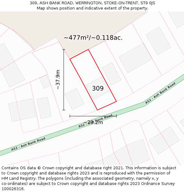 309, ASH BANK ROAD, WERRINGTON, STOKE-ON-TRENT, ST9 0JS: Plot and title map