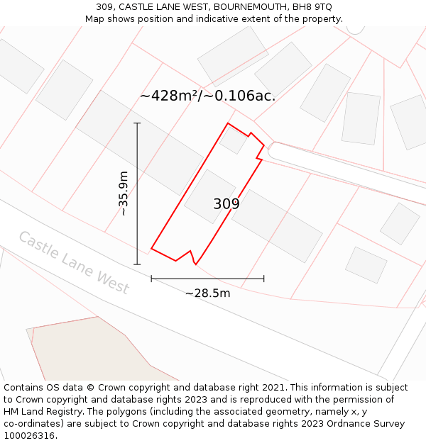 309, CASTLE LANE WEST, BOURNEMOUTH, BH8 9TQ: Plot and title map