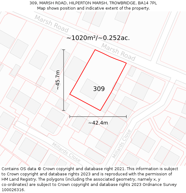 309, MARSH ROAD, HILPERTON MARSH, TROWBRIDGE, BA14 7PL: Plot and title map