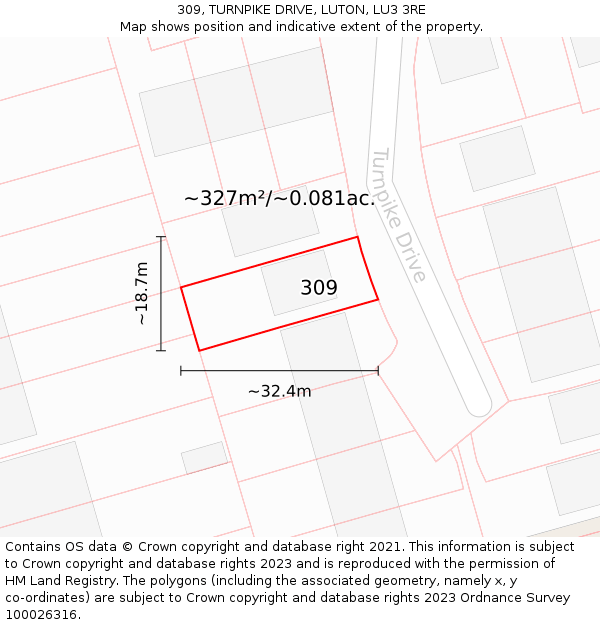 309, TURNPIKE DRIVE, LUTON, LU3 3RE: Plot and title map