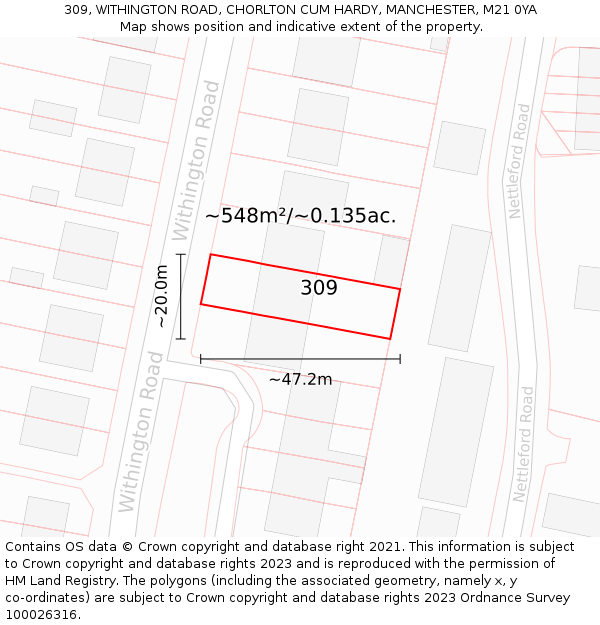 309, WITHINGTON ROAD, CHORLTON CUM HARDY, MANCHESTER, M21 0YA: Plot and title map