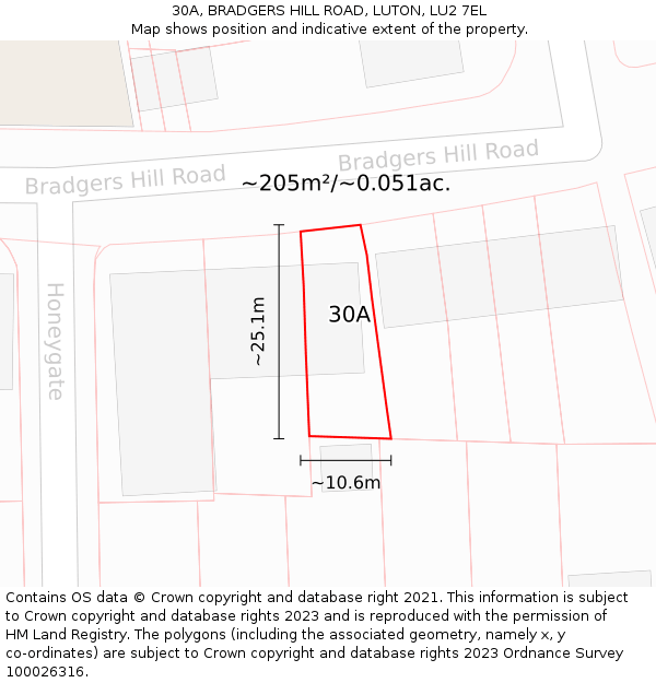 30A, BRADGERS HILL ROAD, LUTON, LU2 7EL: Plot and title map