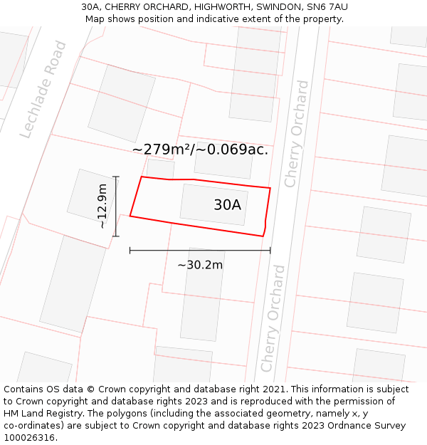 30A, CHERRY ORCHARD, HIGHWORTH, SWINDON, SN6 7AU: Plot and title map