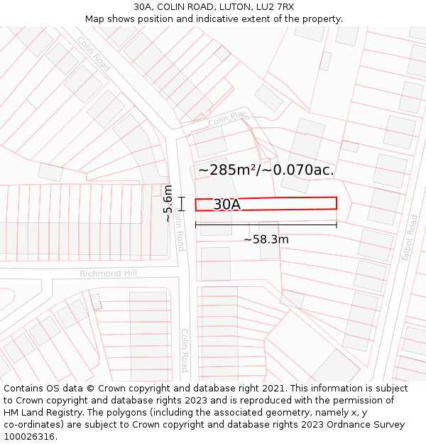 30A, COLIN ROAD, LUTON, LU2 7RX: Plot and title map