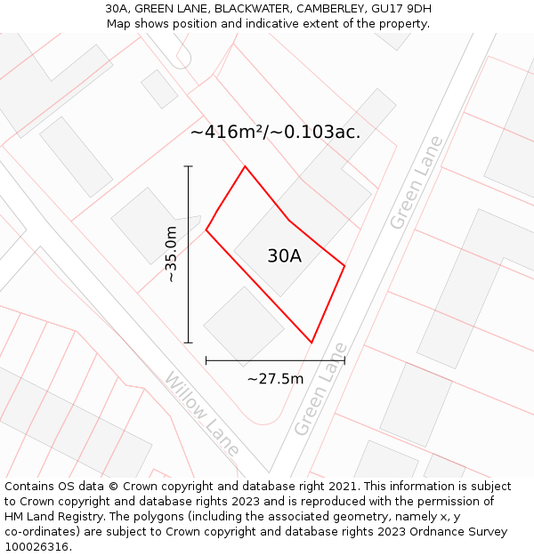 30A, GREEN LANE, BLACKWATER, CAMBERLEY, GU17 9DH: Plot and title map