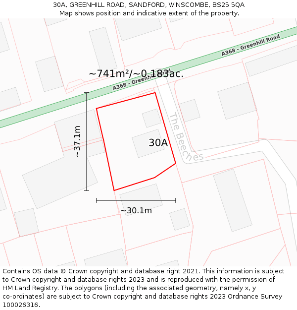 30A, GREENHILL ROAD, SANDFORD, WINSCOMBE, BS25 5QA: Plot and title map