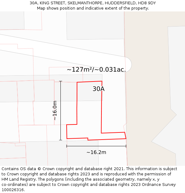 30A, KING STREET, SKELMANTHORPE, HUDDERSFIELD, HD8 9DY: Plot and title map