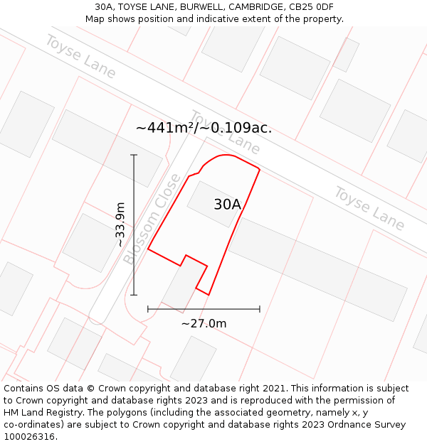 30A, TOYSE LANE, BURWELL, CAMBRIDGE, CB25 0DF: Plot and title map
