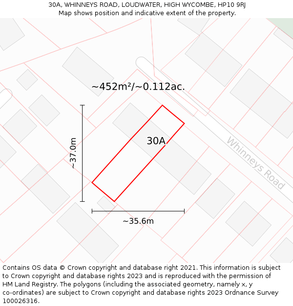 30A, WHINNEYS ROAD, LOUDWATER, HIGH WYCOMBE, HP10 9RJ: Plot and title map