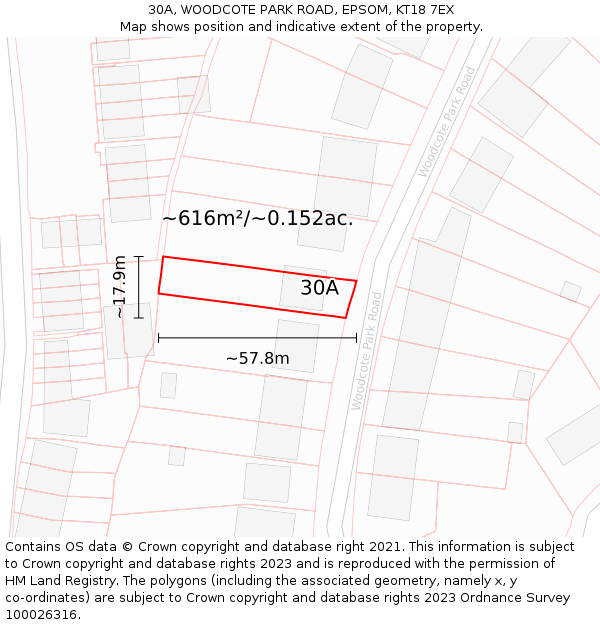 30A, WOODCOTE PARK ROAD, EPSOM, KT18 7EX: Plot and title map