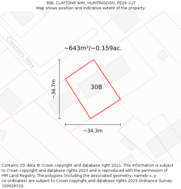 30B, CLAYTONS WAY, HUNTINGDON, PE29 1UT: Plot and title map