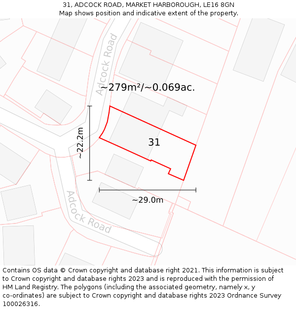 31, ADCOCK ROAD, MARKET HARBOROUGH, LE16 8GN: Plot and title map