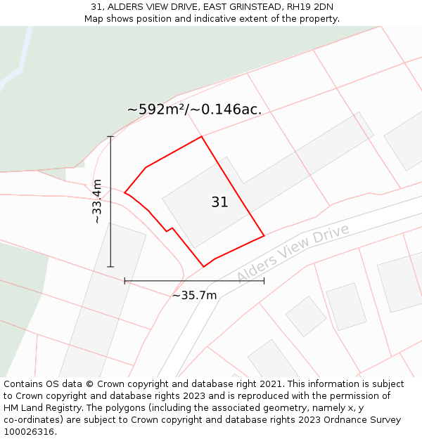 31, ALDERS VIEW DRIVE, EAST GRINSTEAD, RH19 2DN: Plot and title map
