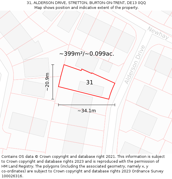 31, ALDERSON DRIVE, STRETTON, BURTON-ON-TRENT, DE13 0QQ: Plot and title map